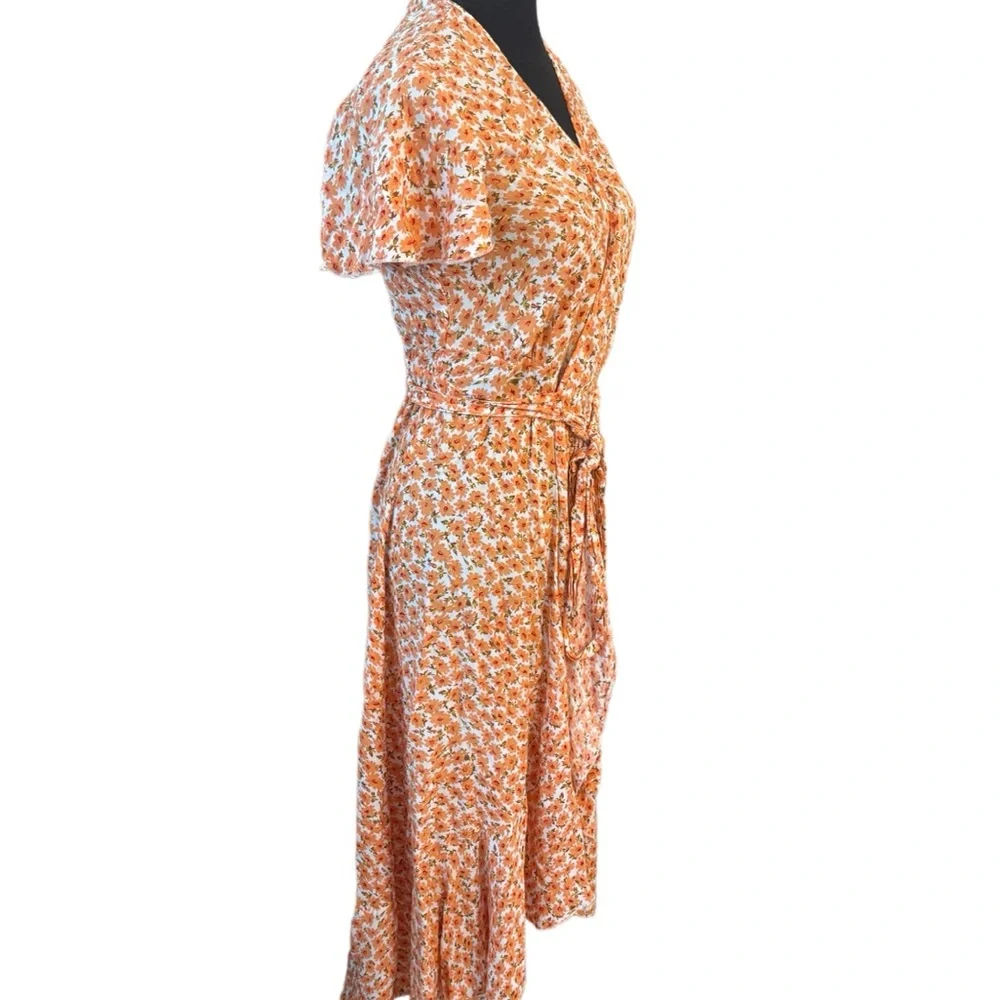 Orange Ruffled Wrap Midi Dress with Flutter Sleeves - Picture 2 of 5